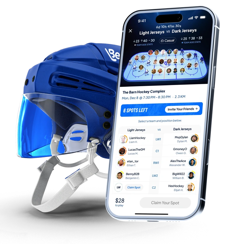 BetterPuck app on phone with hockey helmet